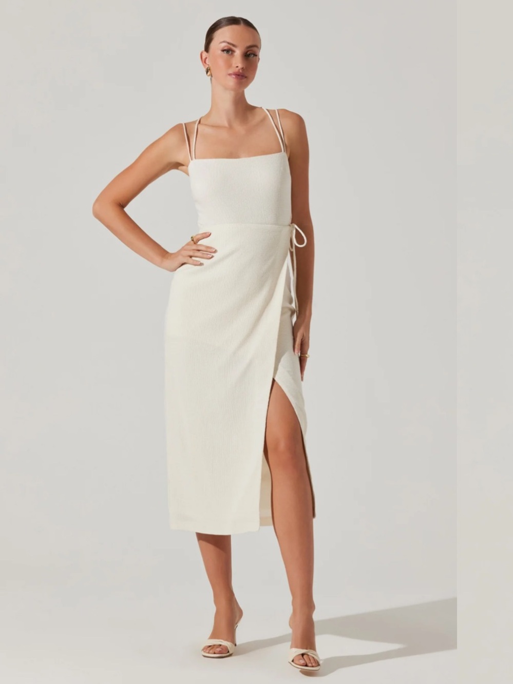 Astr Cream Square-Neck Midi Dress with Side Tie and Slit